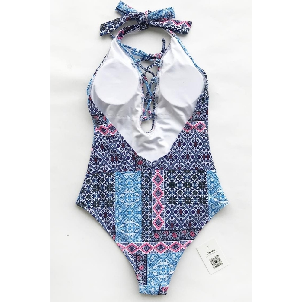 Cupshe Patchwork Print One-Piece Halter Swimsuit M - image 7